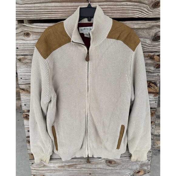 Orvis Sweater Mens Large Beige Full Zip Lined Suede Patch Knit Sweater Jacket M - Picture 1 of 8